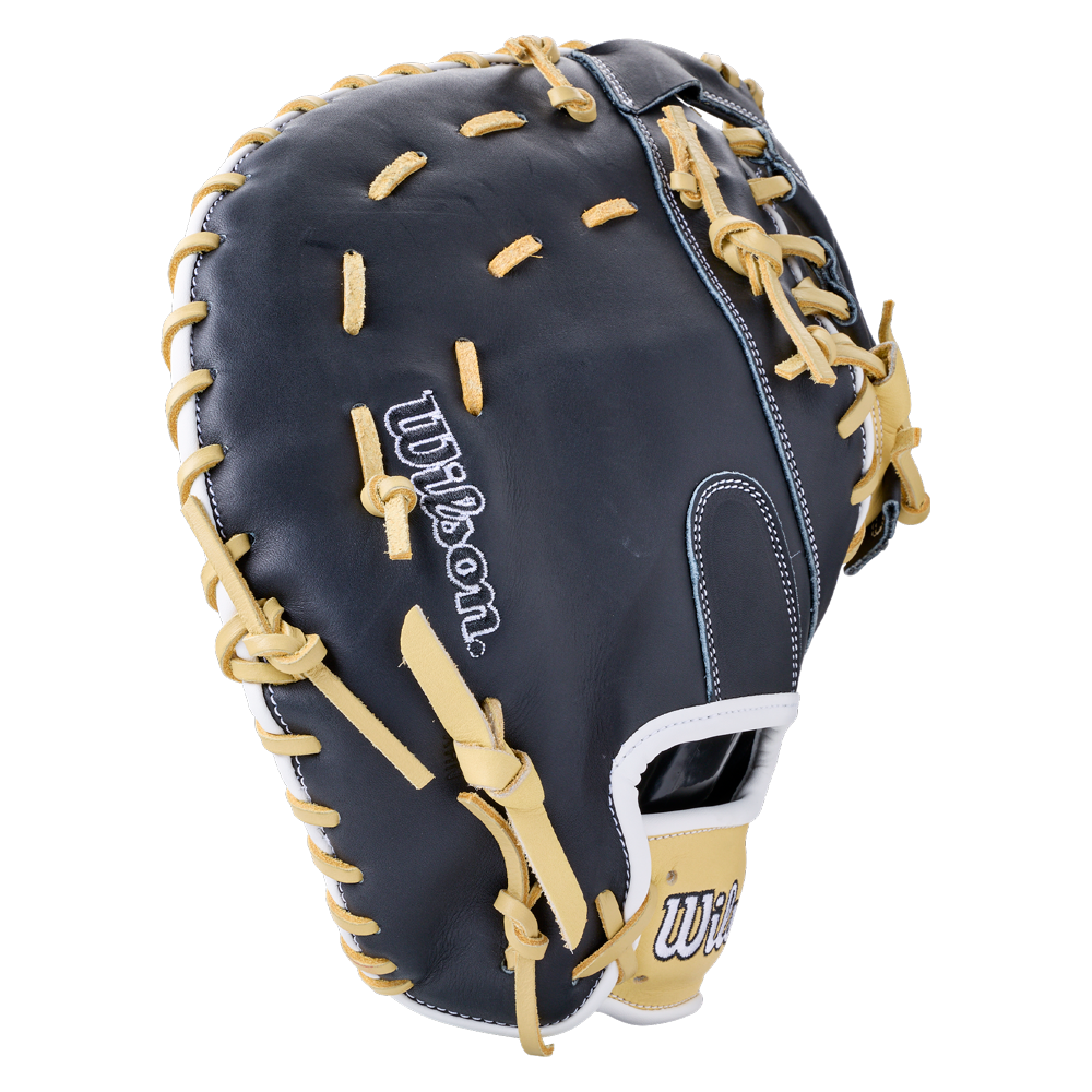 Wilson A1000 PF1612 12″ Baseball First Base Mitt in black with tan lacing and white trim, crafted from full-grain leather.