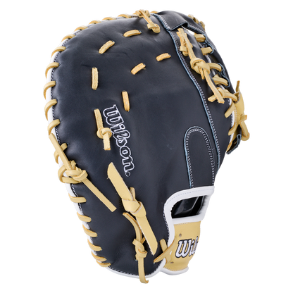 Wilson A1000 PF1612 12″ Baseball First Base Mitt in black with tan lacing and white trim, crafted from full-grain leather.