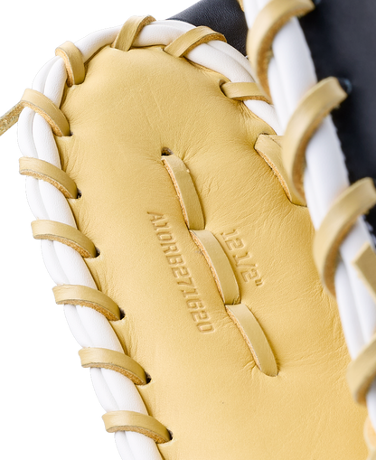 Close-up of a Wilson A1000 PF1612 12″ Baseball First Base Mitt, a yellow leather baseball mitt with white lacing, stamped with 12 1/2 and A10RB271620.
