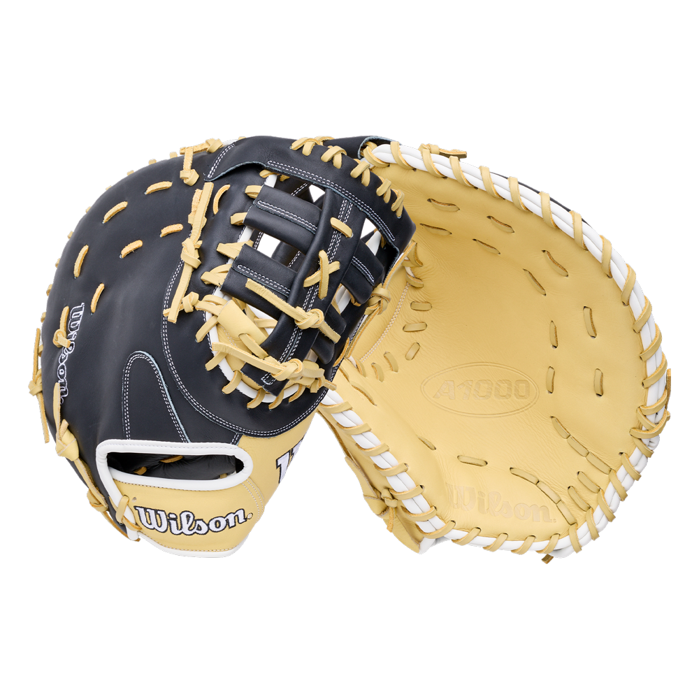 Front and back view of the black and tan Wilson A1000 PF1612 12″ Baseball First Base Mitt.