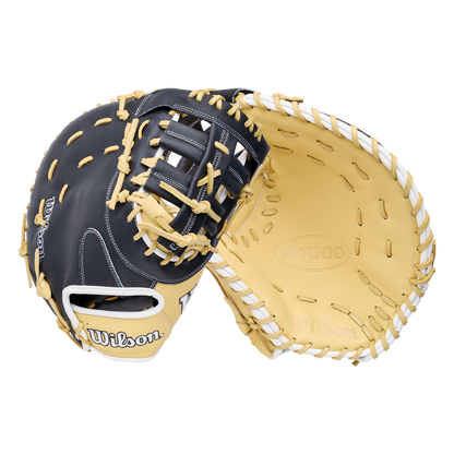 Front and back view of the black and tan Wilson A1000 PF1612 12″ Baseball First Base Mitt.