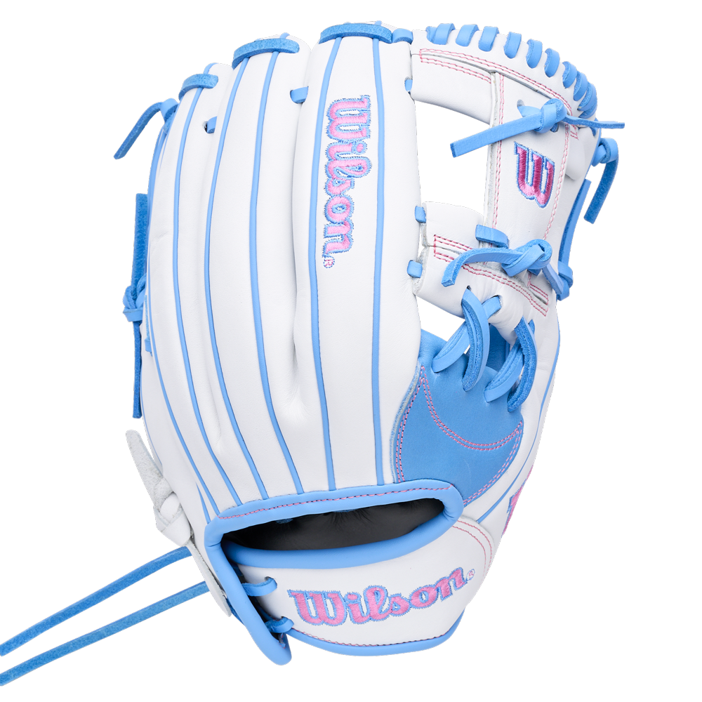 White Wilson A1000 H12 12″ Fastpitch Glove with light blue lacing and pink embroidered logos.