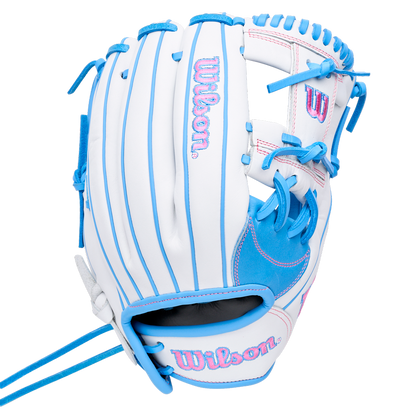 White Wilson A1000 H12 12″ Fastpitch Glove with light blue lacing and pink embroidered logos.