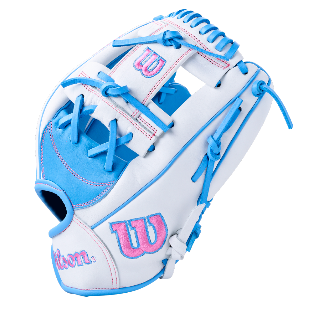 Wilson A1000 H12 12″ Fastpitch Glove in white and light blue with blue lacing and pink logos.