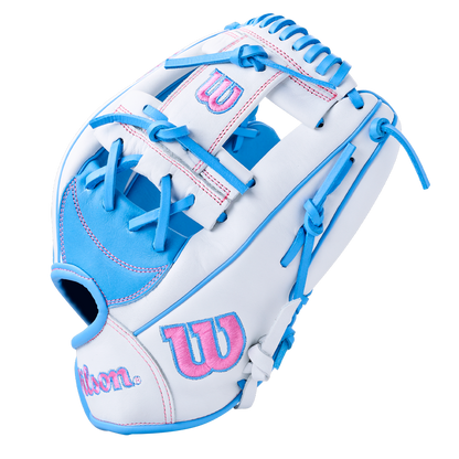 Wilson A1000 H12 12″ Fastpitch Glove in white and light blue with blue lacing and pink logos.