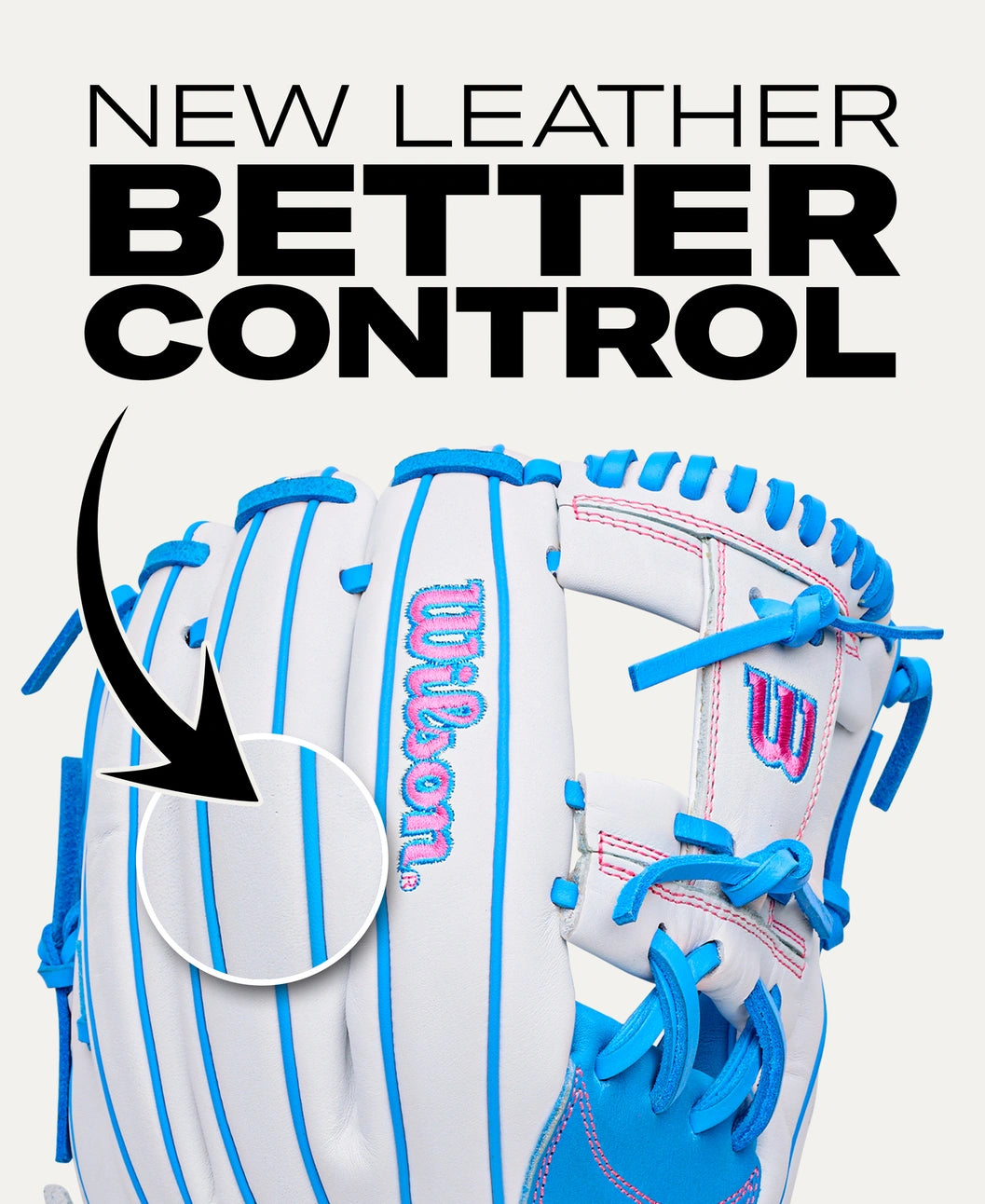 White Wilson A1000 H12 12″ Fastpitch Glove with blue piping and pink accents, featuring an arrow pointing to a detail of the lacing and the text NEW LEATHER BETTER CONTROL.