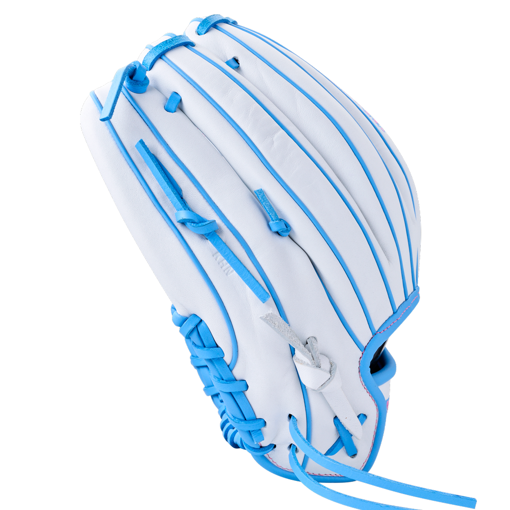 White Wilson A1000 H12 12″ Fastpitch Glove: WBG03201RTH12 with bright blue lacing and piping.