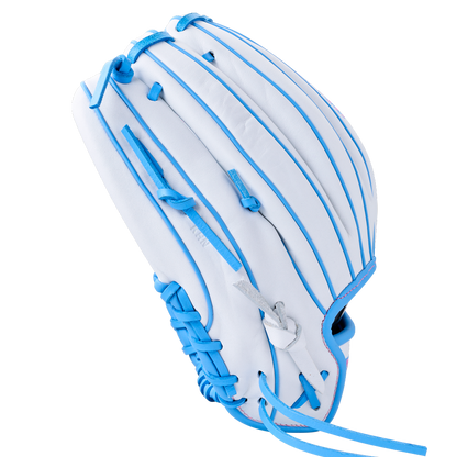 White Wilson A1000 H12 12″ Fastpitch Glove: WBG03201RTH12 with bright blue lacing and piping.