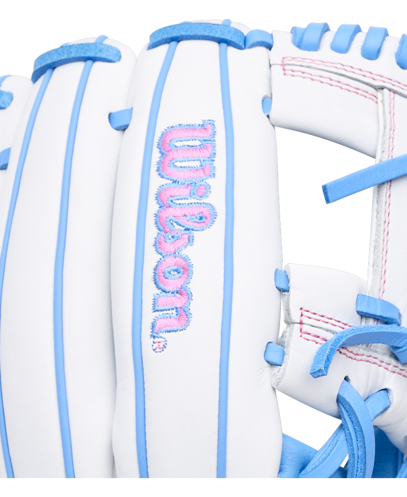 White Wilson A1000 H12 12″ Fastpitch Glove with blue lacing and pink logo embroidery.