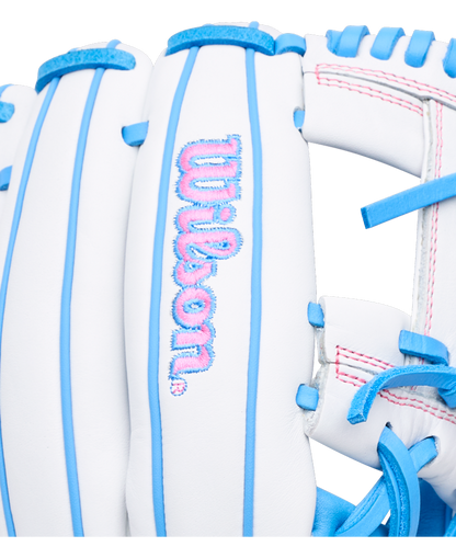 White Wilson A1000 H12 12″ Fastpitch Glove with blue lacing and pink logo embroidery.