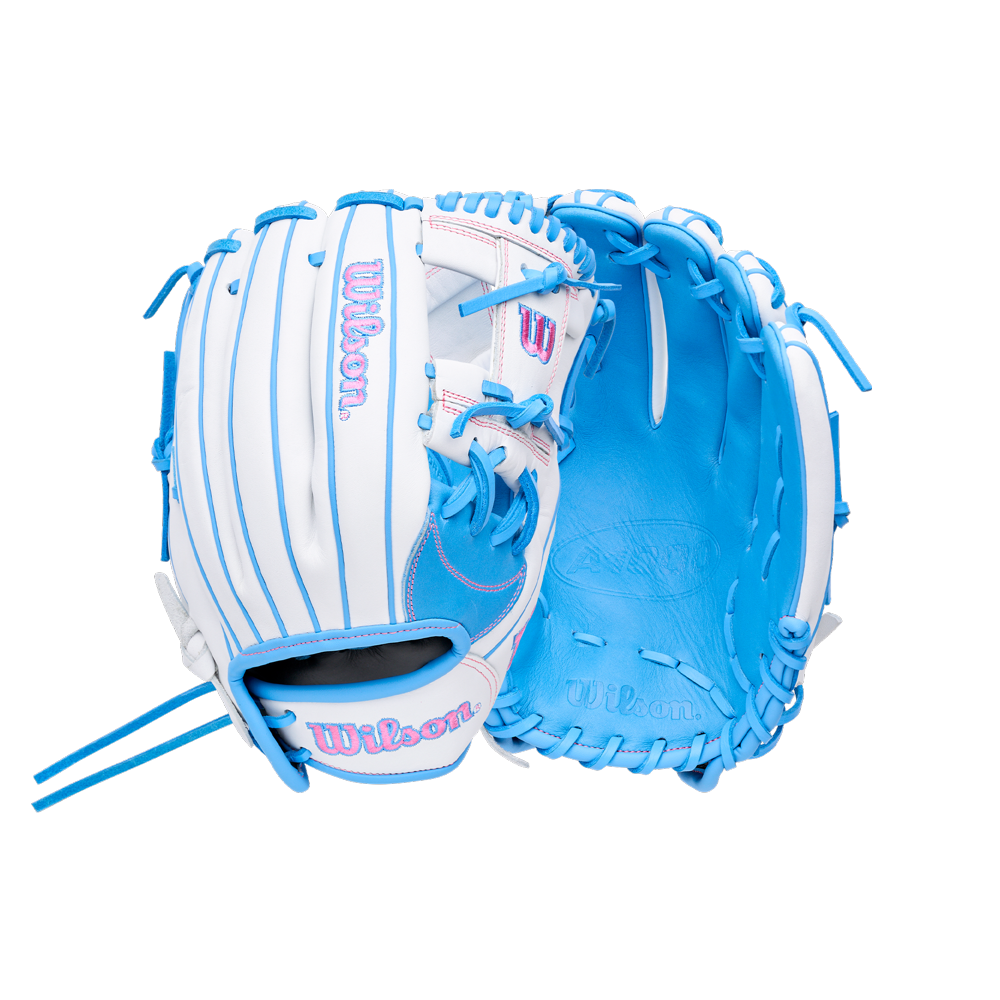Wilson A1000 H12 12″ Fastpitch Glove in white and light blue with pink accents.