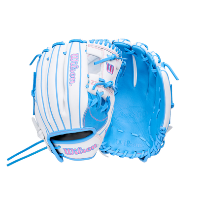 Wilson A1000 H12 12″ Fastpitch Glove in white and light blue with pink accents.