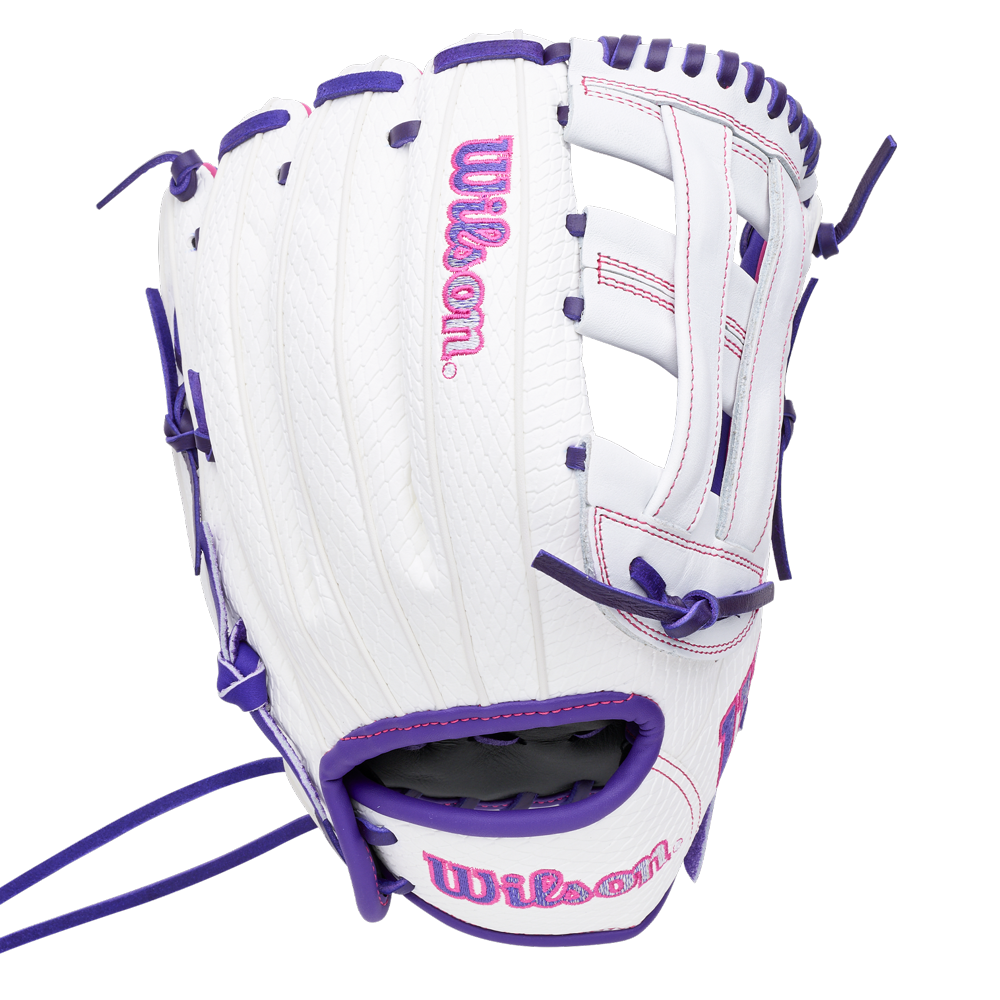 Wilson A1000 FP1712SS 12″ Fastpitch Glove in white full-grain leather with purple laces and pink logo embroidery.