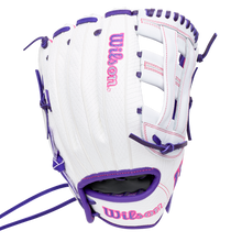Wilson A1000 FP1712SS 12″ Fastpitch Glove in white full-grain leather with purple laces and pink logo embroidery.