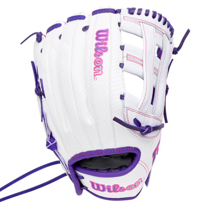 Wilson A1000 FP1712SS 12″ Fastpitch Glove in white full-grain leather with purple laces and pink logo embroidery.