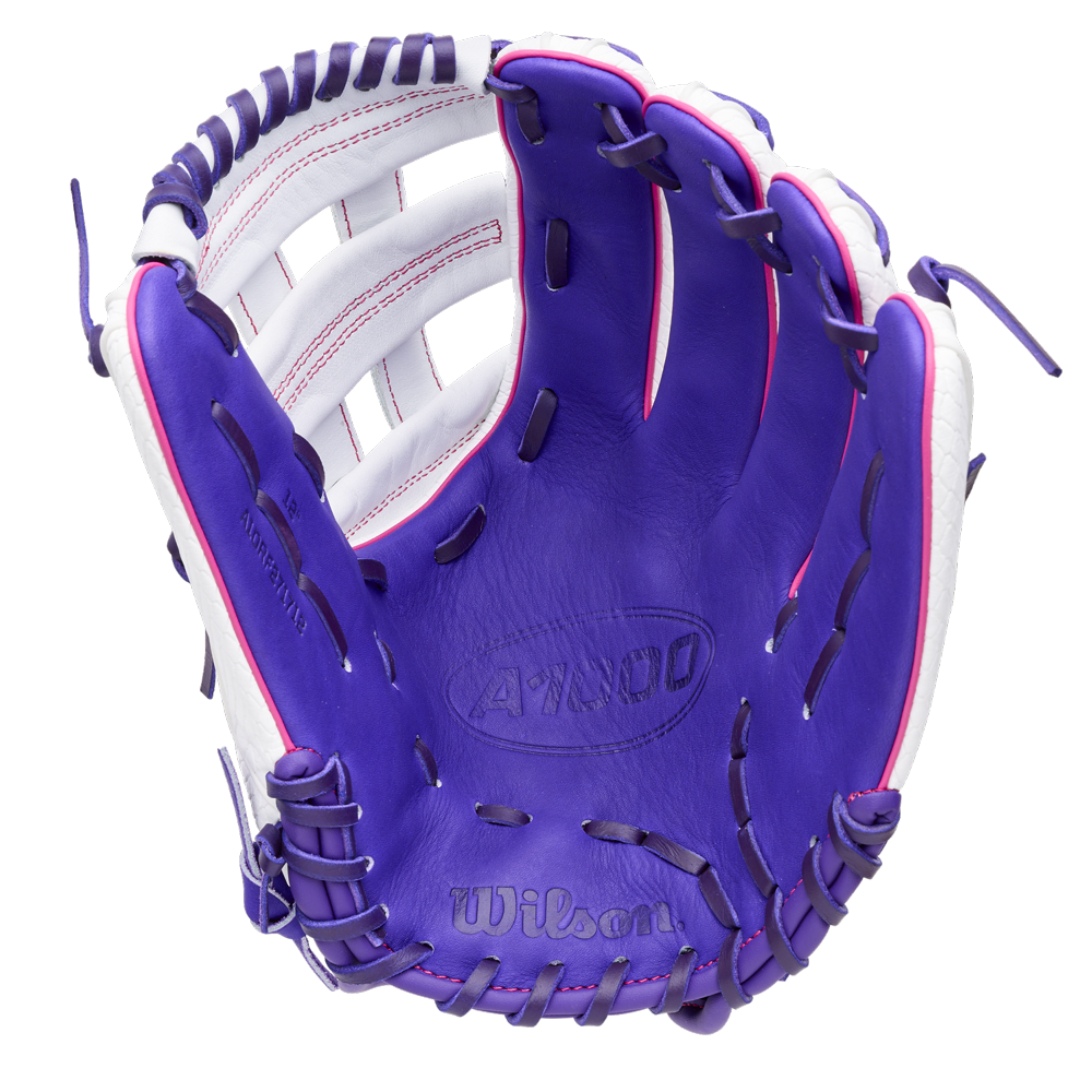 Wilson A1000 FP1712SS 12″ Fastpitch Glove in purple and white full grain leather with a Dual Post Web, purple lacing, and pink stitching.
