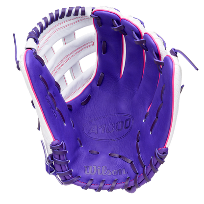 Wilson A1000 FP1712SS 12″ Fastpitch Glove in purple and white full grain leather with a Dual Post Web, purple lacing, and pink stitching.