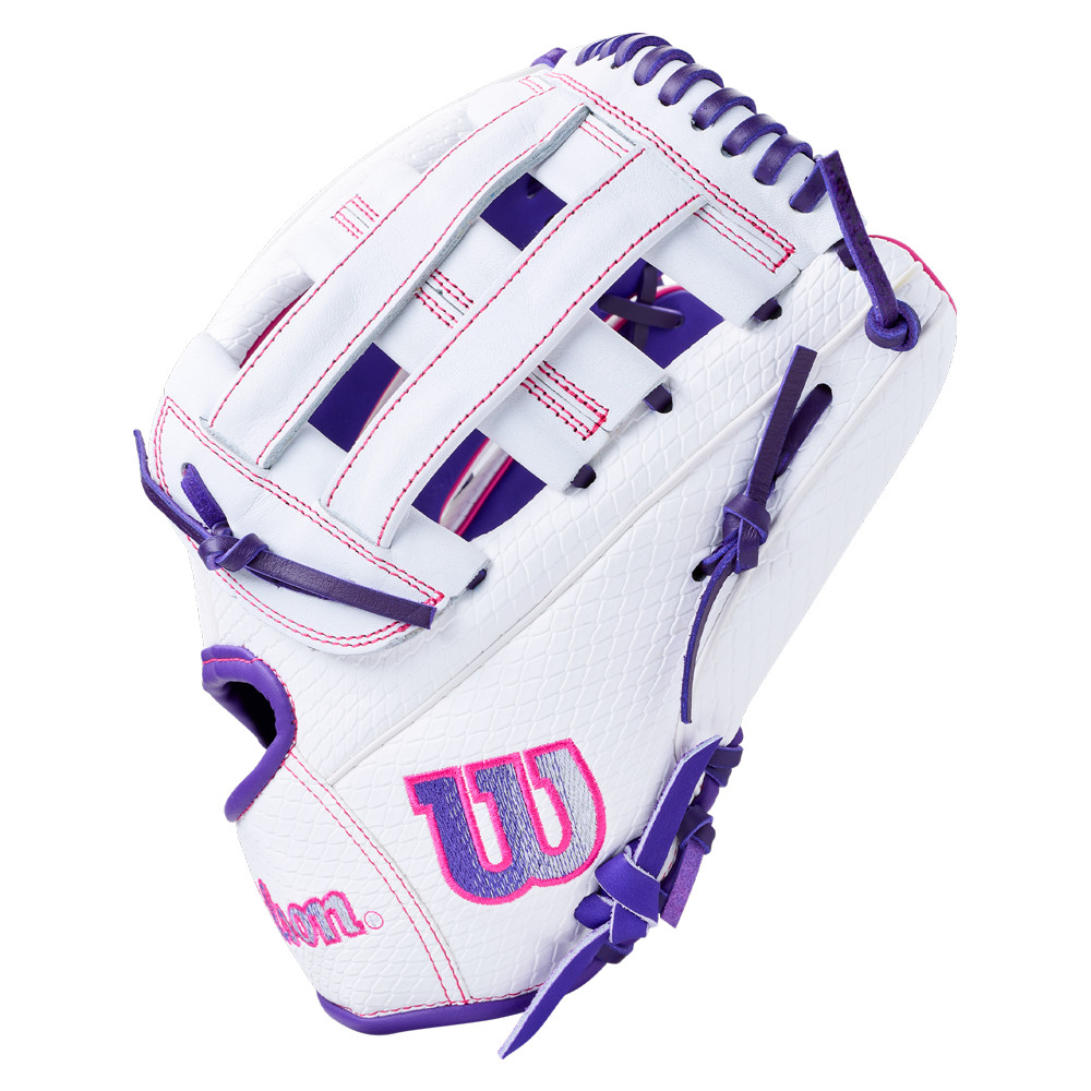 Wilson A1000 FP1712SS 12″ Fastpitch Glove in white full grain leather with purple laces, a dual post web, and pink and purple branding.