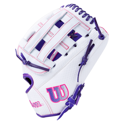 Wilson A1000 FP1712SS 12″ Fastpitch Glove in white full grain leather with purple laces, a dual post web, and pink and purple branding.