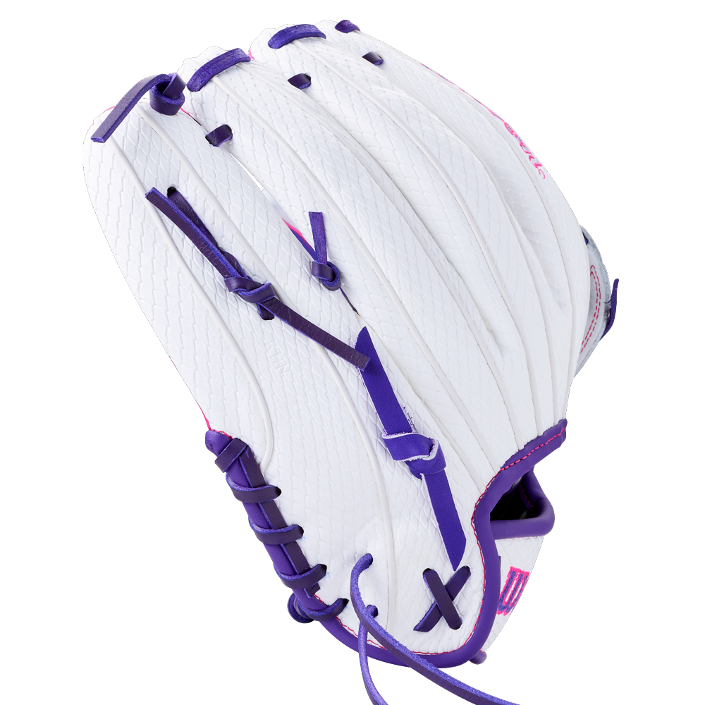 Wilson A1000 FP1712SS 12″ Fastpitch Glove in white full grain leather with purple laces and pink accents.