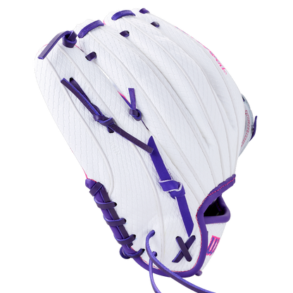 Wilson A1000 FP1712SS 12″ Fastpitch Glove in white full grain leather with purple laces and pink accents.