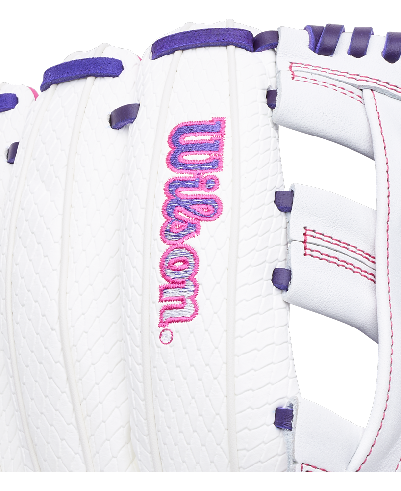 Wilson A1000 FP1712SS 12″ Fastpitch Glove in white full-grain leather with purple laces, a Dual Post Web, and pink logo embroidery.