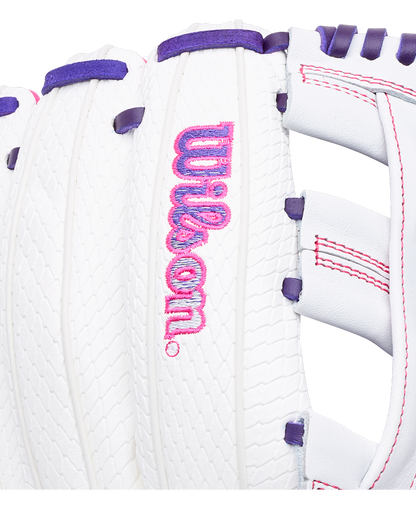 Wilson A1000 FP1712SS 12″ Fastpitch Glove in white full-grain leather with purple laces, a Dual Post Web, and pink logo embroidery.