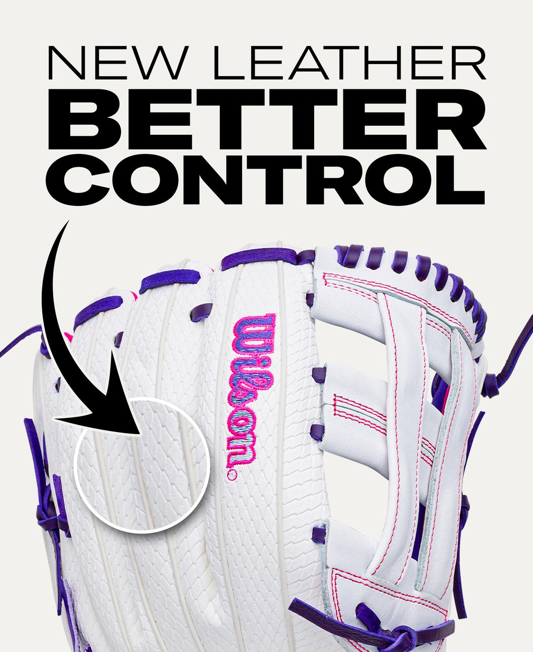 White and purple Wilson A1000 FP1712SS 12″ Fastpitch Glove with a Dual Post Web, featuring an arrow pointing to a close-up of its textured leather, overlaid with the text NEW LEATHER BETTER CONTROL.