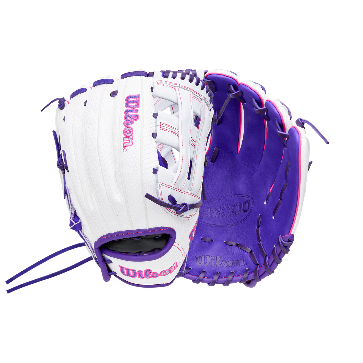 A white and purple Wilson A1000 FP1712SS 12″ Fastpitch Glove featuring a Dual Post Web, purple lacing, and pink detailing.