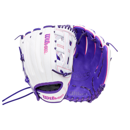 A white and purple Wilson A1000 FP1712SS 12″ Fastpitch Glove featuring a Dual Post Web, purple lacing, and pink detailing.