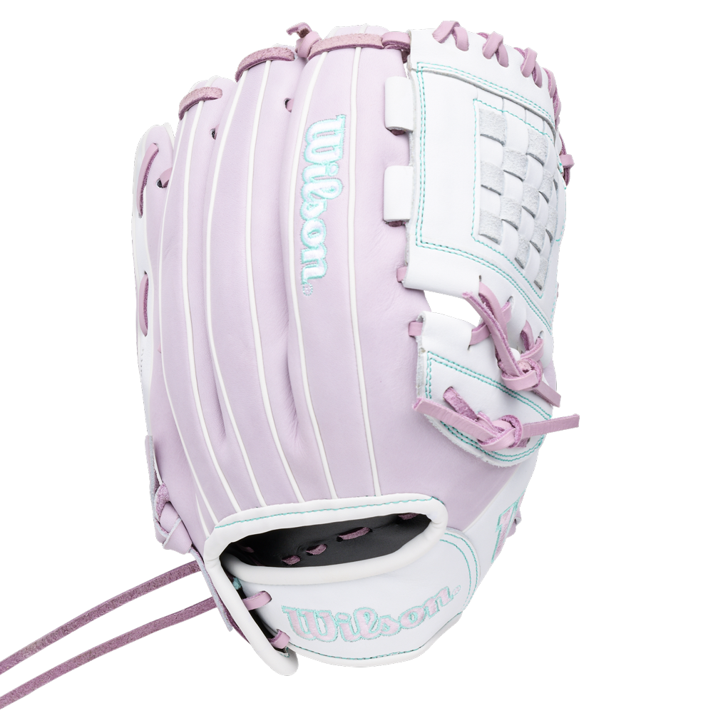 Wilson A1000 P12 12″ Fastpitch Glove in light pink and white with teal piping and pink lacing.