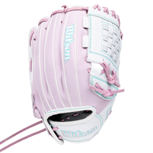Wilson A1000 P12 12″ Fastpitch Glove in light pink and white with teal piping and pink lacing.