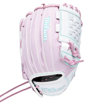 Wilson A1000 P12 12″ Fastpitch Glove in light pink and white with teal piping and pink lacing.