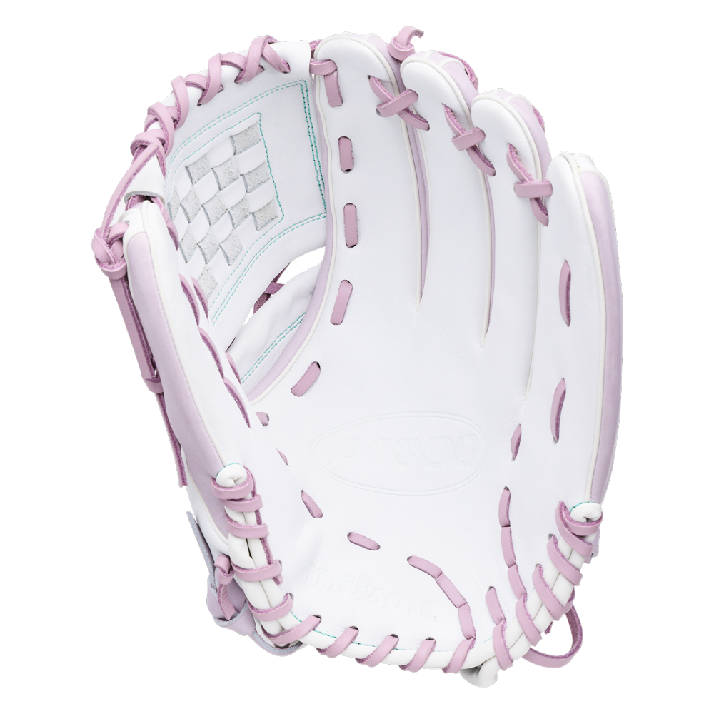 Wilson A1000 P12 12″ Fastpitch Glove: WBG03401RTP12 in white with pink lacing and stitching.