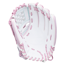 Wilson A1000 P12 12″ Fastpitch Glove: WBG03401RTP12 in white with pink lacing and stitching.