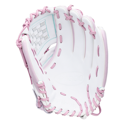 Wilson A1000 P12 12″ Fastpitch Glove: WBG03401RTP12 in white with pink lacing and stitching.