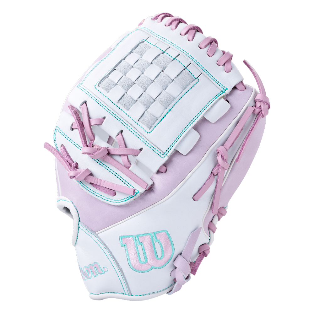 Wilson A1000 P12 12″ Fastpitch Glove in white and light purple, featuring full grain leather, a checkered web, and teal stitching.