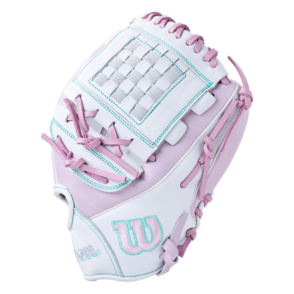 Wilson A1000 P12 12″ Fastpitch Glove in white and light purple, featuring full grain leather, a checkered web, and teal stitching.
