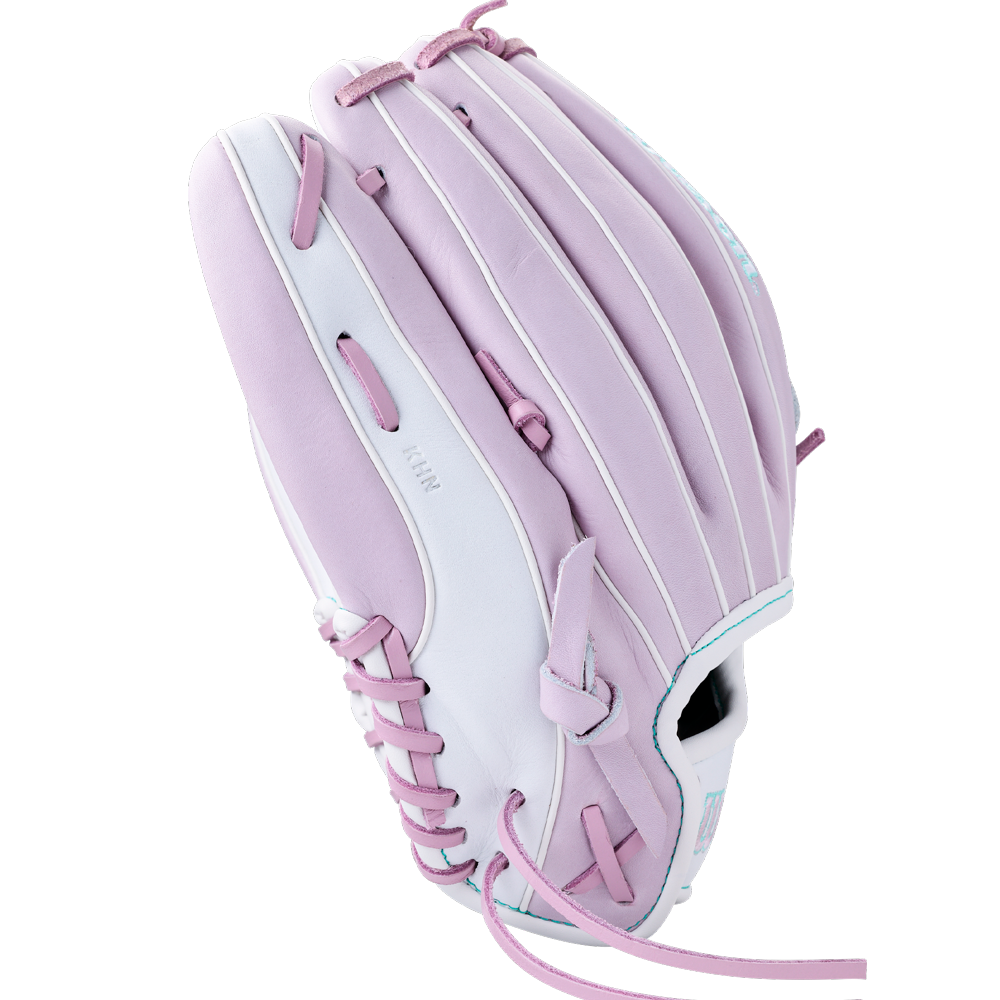 Light purple and white Wilson A1000 P12 12″ Fastpitch Glove with lace-up webbing.
