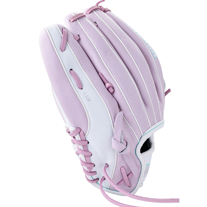 Light purple and white Wilson A1000 P12 12″ Fastpitch Glove with lace-up webbing.