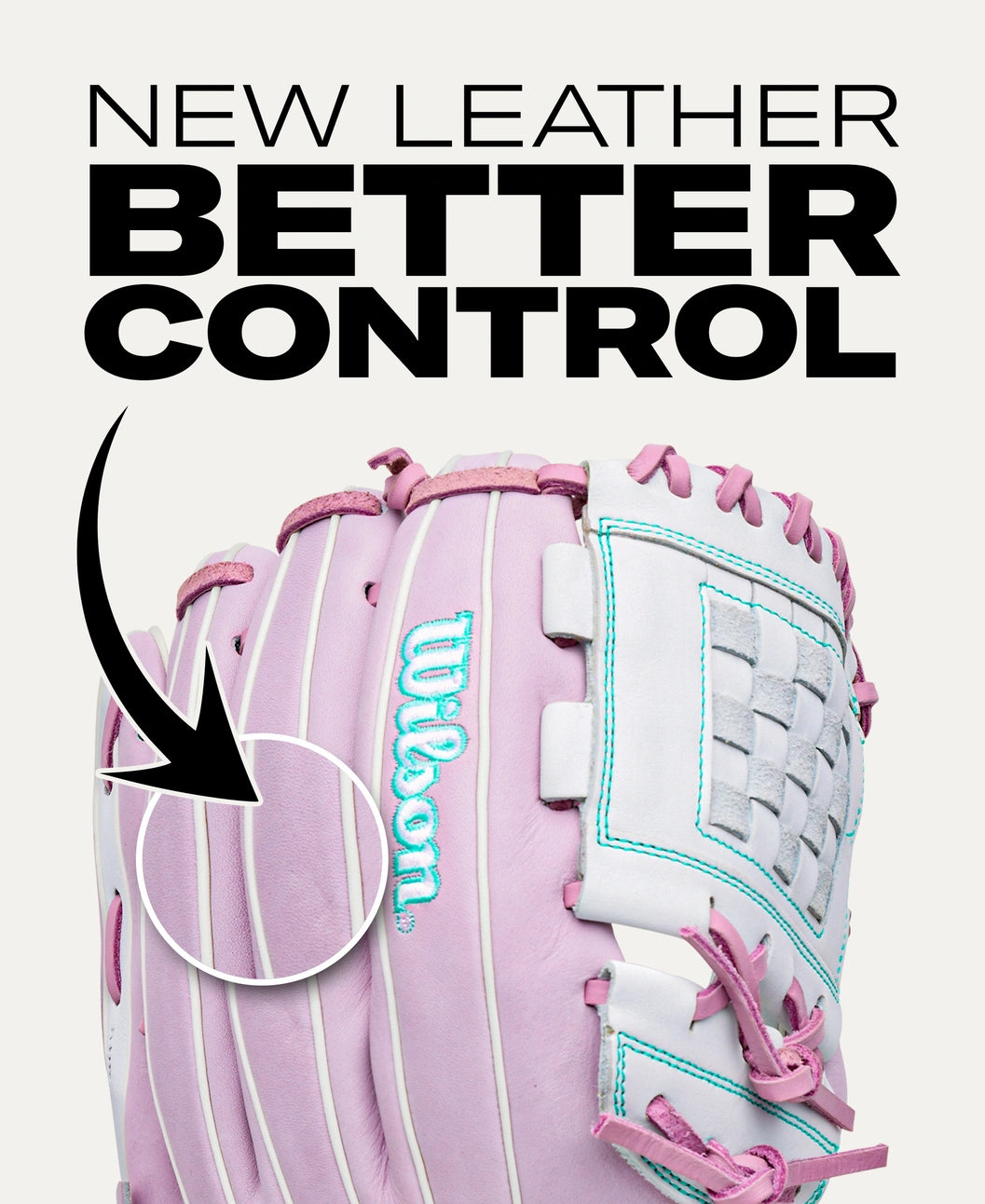 A light pink and white Wilson A1000 P12 12″ Fastpitch Glove: WBG03401RTP12 with teal accents, featuring an arrow pointing to a circle on the leather with the text NEW LEATHER BETTER CONTROL above.