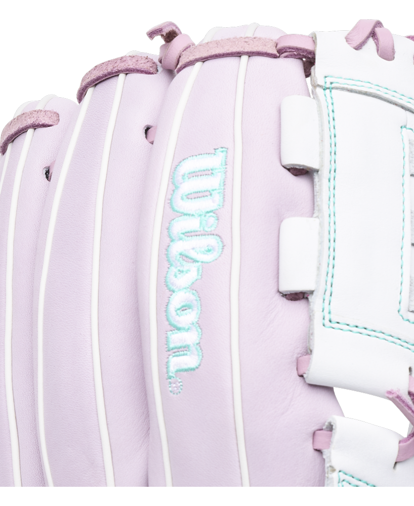 Close-up of a light purple Wilson A1000 P12 12″ Fastpitch Glove: WBG03401RTP12 with teal-outlined lettering.