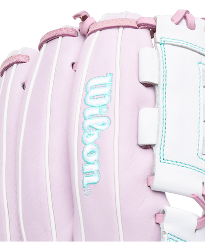 Close-up of a light purple Wilson A1000 P12 12″ Fastpitch Glove: WBG03401RTP12 with teal-outlined lettering.