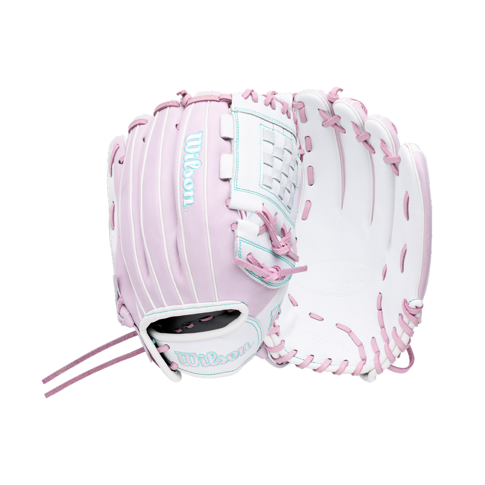Light purple and white Wilson A1000 P12 12″ Fastpitch Glove with teal lacing and accents.