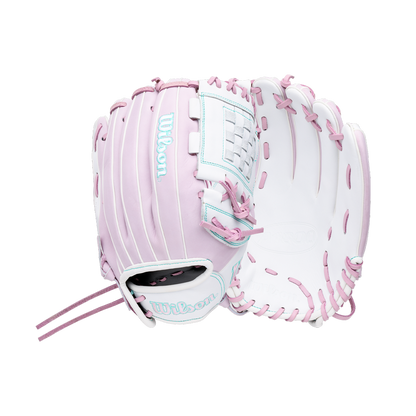 Light purple and white Wilson A1000 P12 12″ Fastpitch Glove with teal lacing and accents.