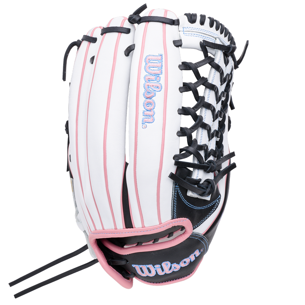 White Wilson A1000 T125 12.5″ Fastpitch Glove featuring full grain leather, pink piping, and black lacing.