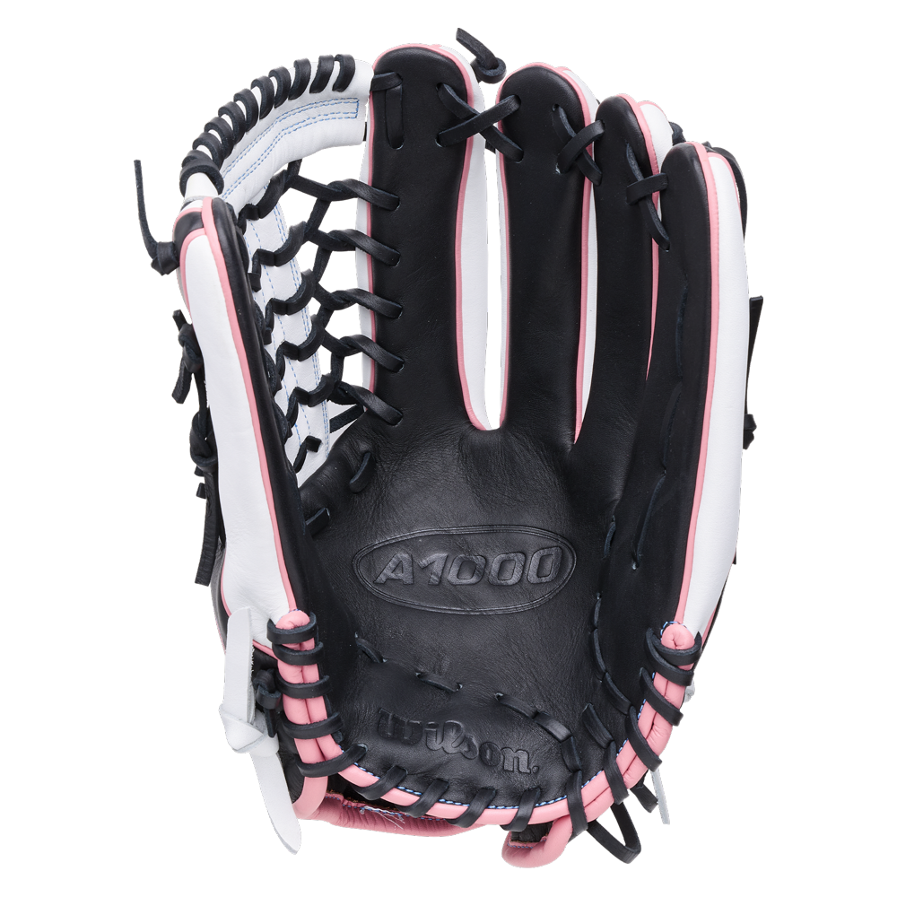 Wilson A1000 T125 12.5″ Fastpitch Glove: WBG03501RTT125 in black and white with pink trim and a webbed pocket.