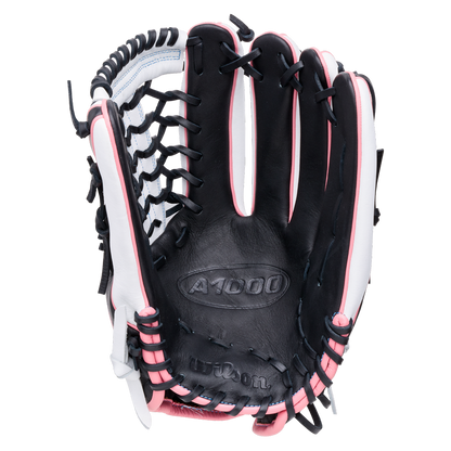 Wilson A1000 T125 12.5″ Fastpitch Glove: WBG03501RTT125 in black and white with pink trim and a webbed pocket.