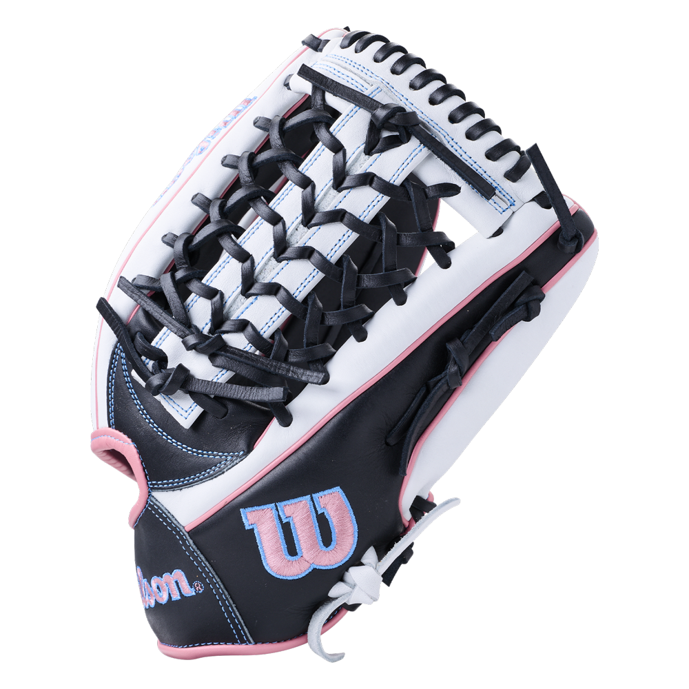 A white and black Wilson A1000 T125 12.5″ Fastpitch Glove: WBG03501RTT125 with pink accents and black lacing.