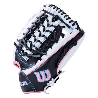 A white and black Wilson A1000 T125 12.5″ Fastpitch Glove: WBG03501RTT125 with pink accents and black lacing.